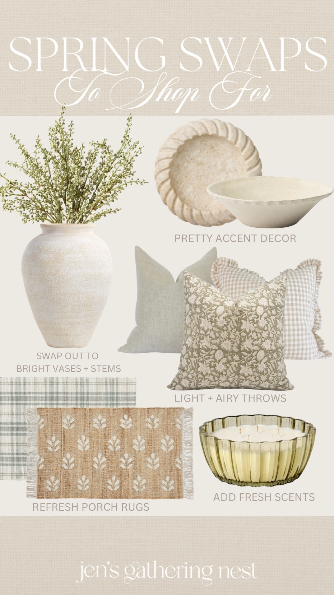 Easy spring swaps that won’t break the bank but make your home feel springy and happy 🤍 
You can do this with:
Greenery & florals
New throw pillows
Small accessories
Fresh candles
Doormats

#springdecor #springrefresh #greneery #stems #flowers #doormat #vases #homedecor #homefind #target #amazon #walmart #home

#LTKHome #LTKSeasonal #LTKFindsUnder50