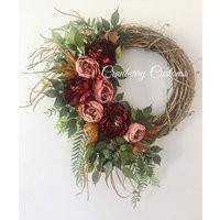Year Round Wreath. Red Fall Pink & Red Flower Floral Wreaths. Fall Decor. Door Everyday Wreaths | Etsy (US)