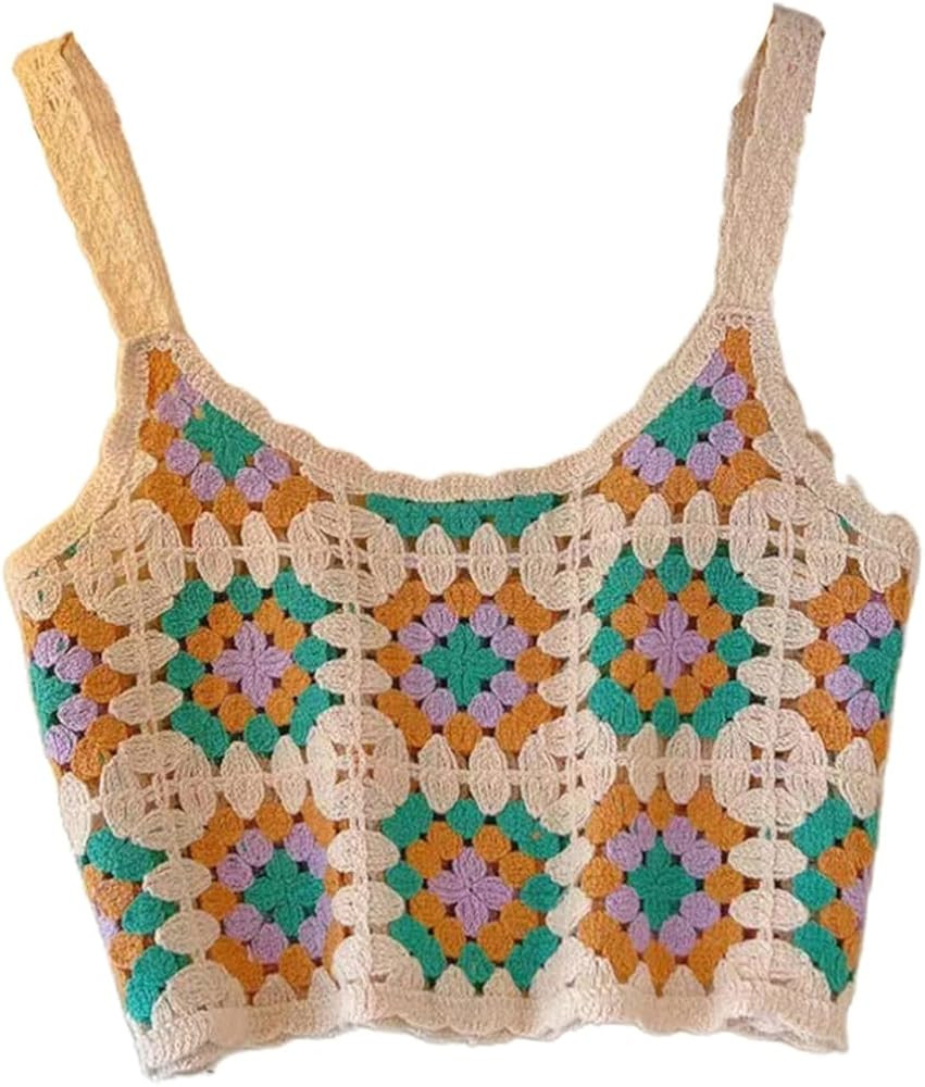 Womens Ethnic Crochet Geometric Floral Sleeveless Cami Vest Contrast Color Loose Beach Crop Tank | Amazon (US)