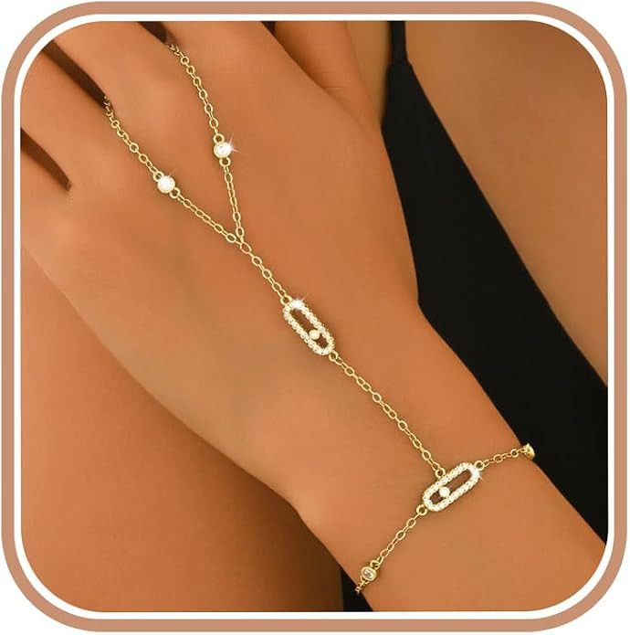 14K Gold Plated Paperclip Finger Chain Bracelet for Women | Adjustable Stackable Cubic Zirconia H... | Amazon (US)