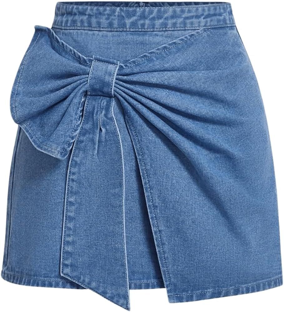 Floerns Women's High Waisted Big Bow Wrap Front Mini Bodycon Denim Skirts | Amazon (US)