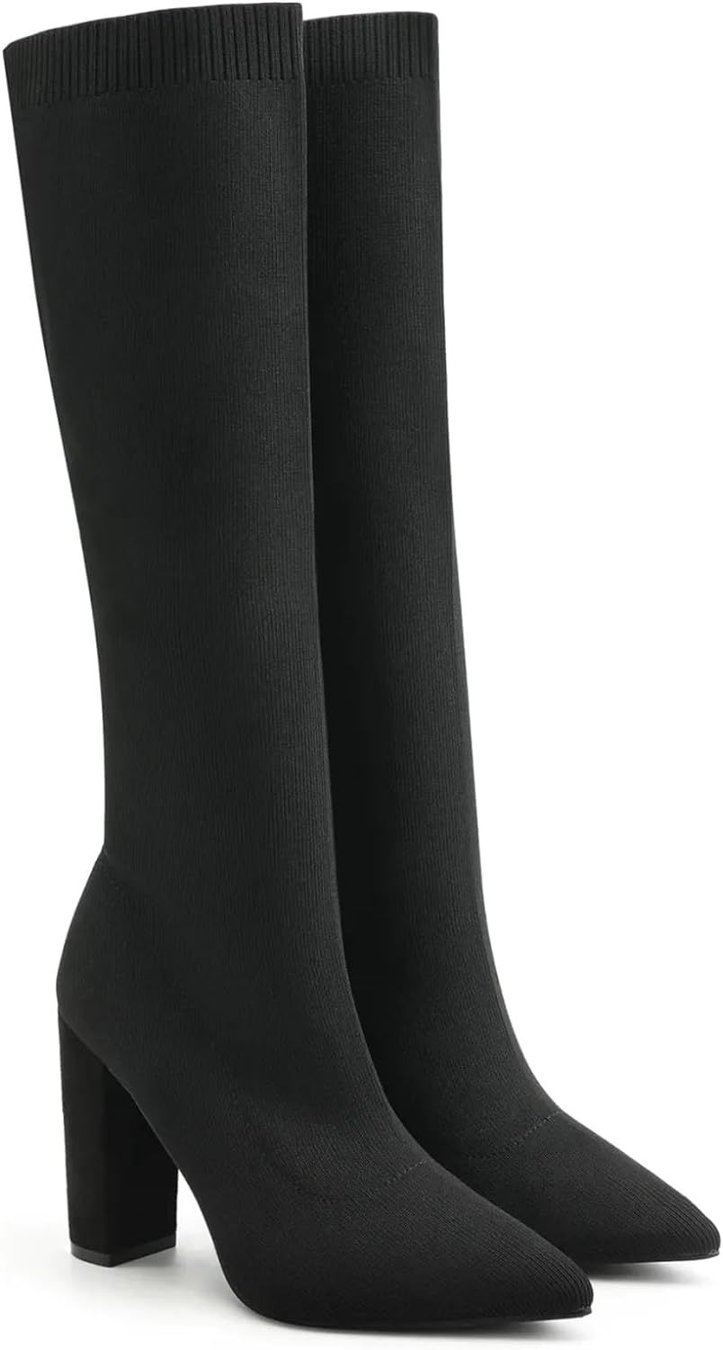 Womens Knee High Boots Mousse Fit Stretch Knitted Chunky Block Heel Non-Slip Boots | Amazon (US)