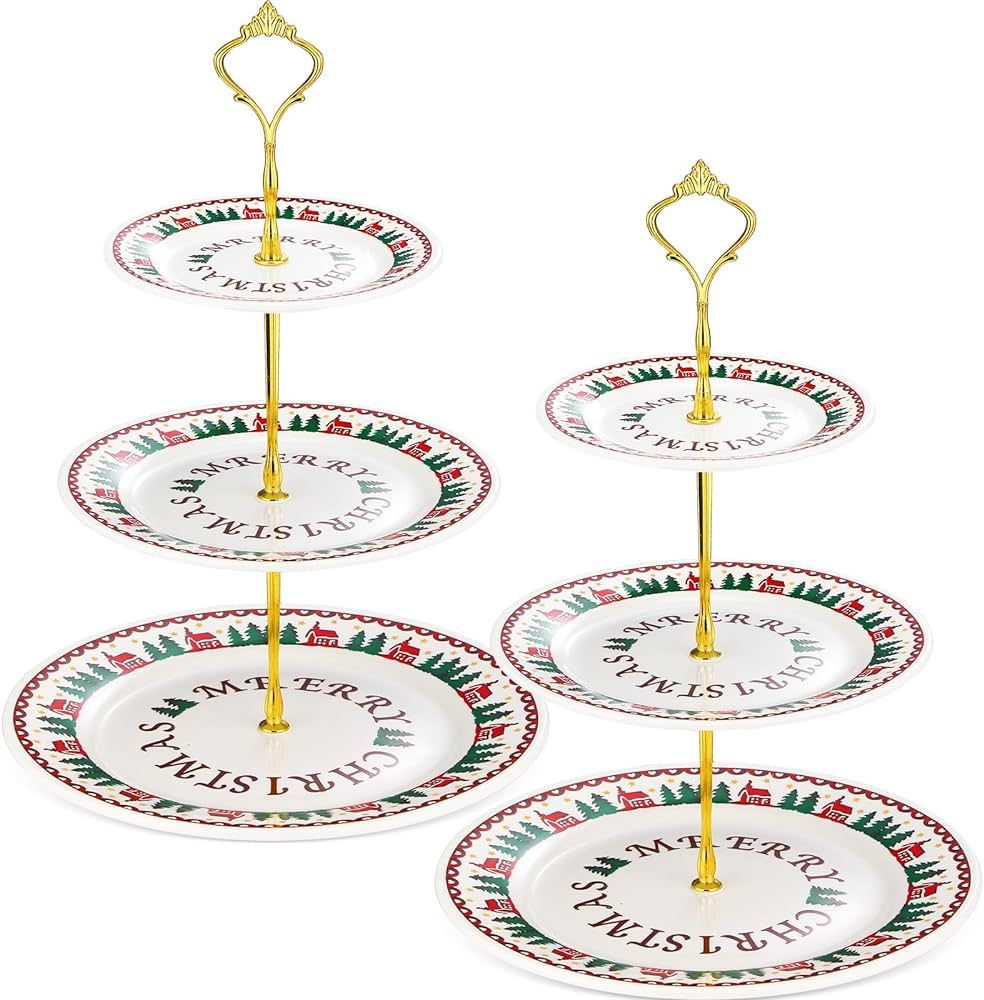 Yaomiao 2 Sets Christmas Ceramic 3 Tier Cake Stand Porcelain Three Tiered Serving Tray Platter Me... | Amazon (US)