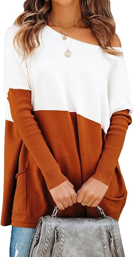 PRETTYGARDEN Women’s Causal Loose Sweater Color Block Knit Pullover Off Shoulder Comfy Jumper T... | Amazon (US)