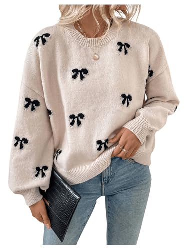 Women's Y2K Bow Print Sweater Crewneck Long Sleeve Drop Shoulder Knit Pullovers Sweaters | Amazon (US)