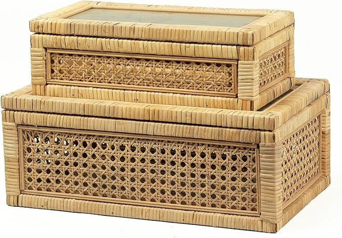 Rattan Display Box for Home Decor with Lid - Rectangular Coastal Bohemian Style Stackable Decorat... | Amazon (US)