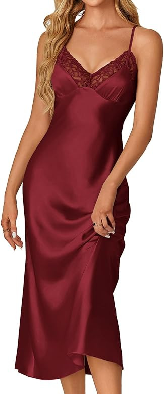 OPOIPIN Women's Satin V Neck Lace Trim Spaghetti Straps Sleeveless Chemise Lingerie Nightdress Ni... | Amazon (US)