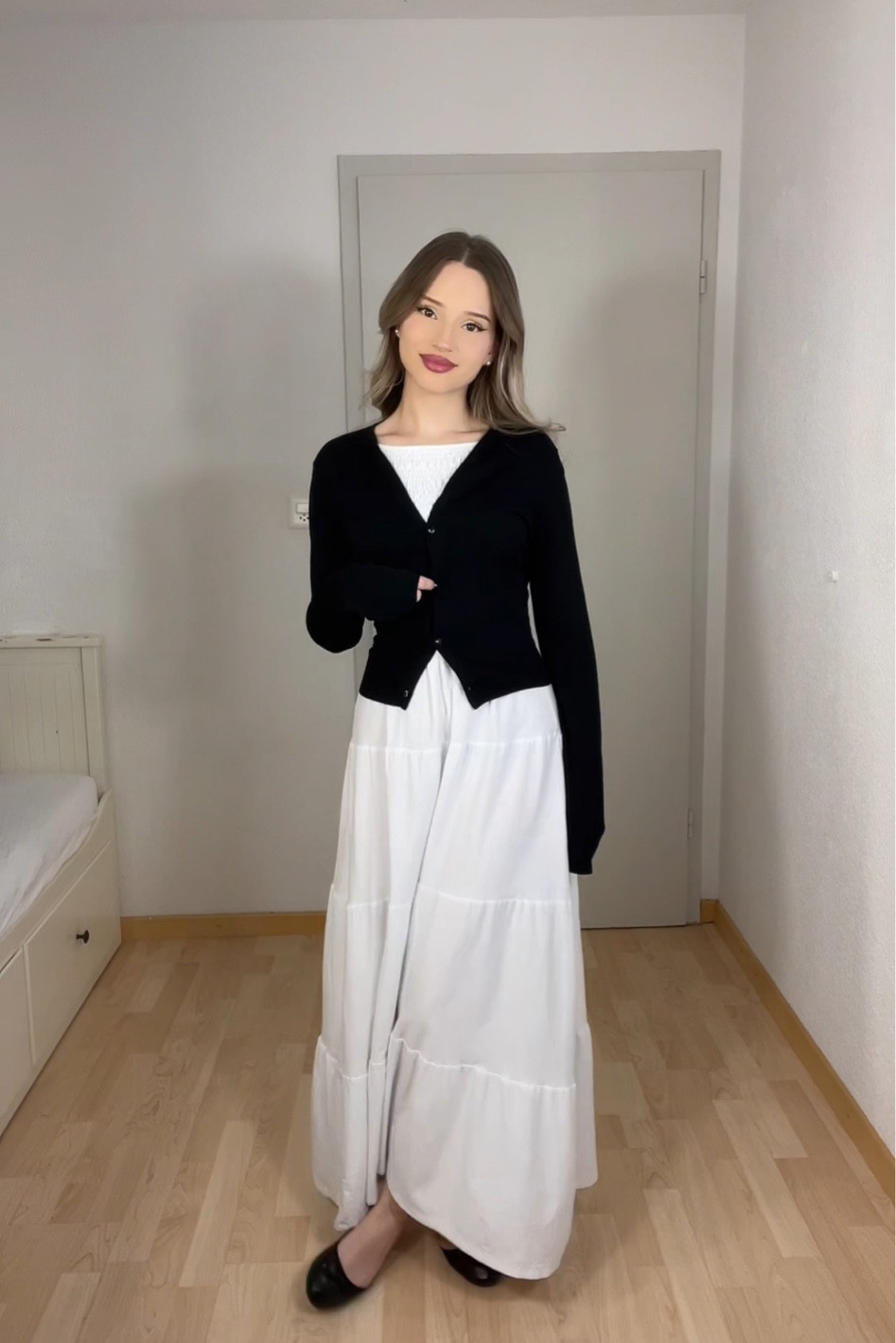 Chic, modest, and timeless. This outfit features a classic black fitted cardigan over a flowy white maxi skirt, blending comfort and elegance seamlessly. Perfect for a day at church, family gatherings, or any occasion where grace meets simplicity. Finished with black flats, it’s an effortless, polished look.

#ModestStyle #ElegantOutfit #BlackAndWhiteFashion #TimelessLook #ChicAndComfortable #ClassicStyle #MinimalistFashion #FlowySkirt #ModestFashionInspo #StylishAndSimple #LTKunder100 #LTKModest #ChurchOutfitIdeas #WardrobeEssentials