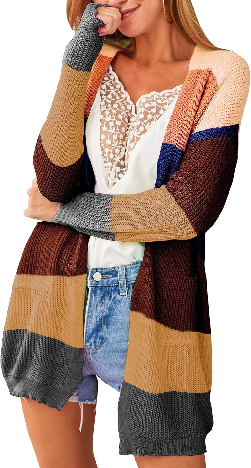 ECOWISH Womens Color Block Striped Draped Kimono Cardigan Long Sleeve Open Front Casual Knit Swea... | Amazon (US)