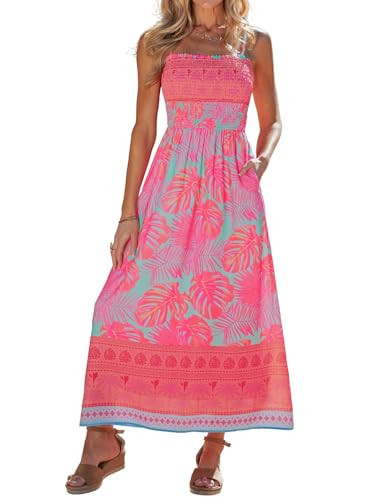 popvil Women Summer Maxi Dress 2026 Spaghetti Strap Long Beach Dress A-Line Flowy Casual Sleeveless Floral Sun Dress Vacation Party(Pink,Large) | Amazon (US)