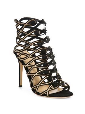Passemeterie Metallic-Embroidered Suede Cage Sandals | Saks Fifth Avenue
