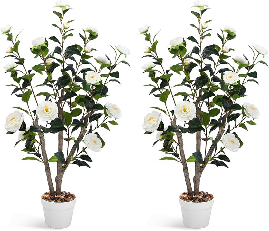 Artificial Camellia Tree 3FT, 2 Pack Indoor Fake Plant with Realistic Trunk, Leaves, Flowers and ... | Amazon (US)