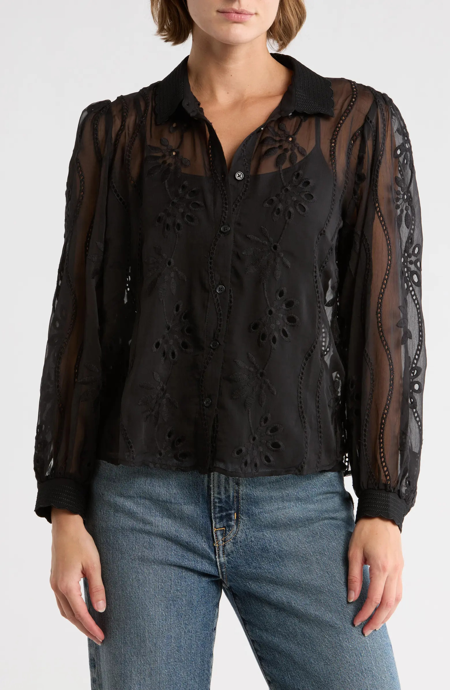 Adrianna Papell Long Sleeve Sheer Floral Eyelet Lace Button-Up Top | Nordstromrack | Nordstrom Rack