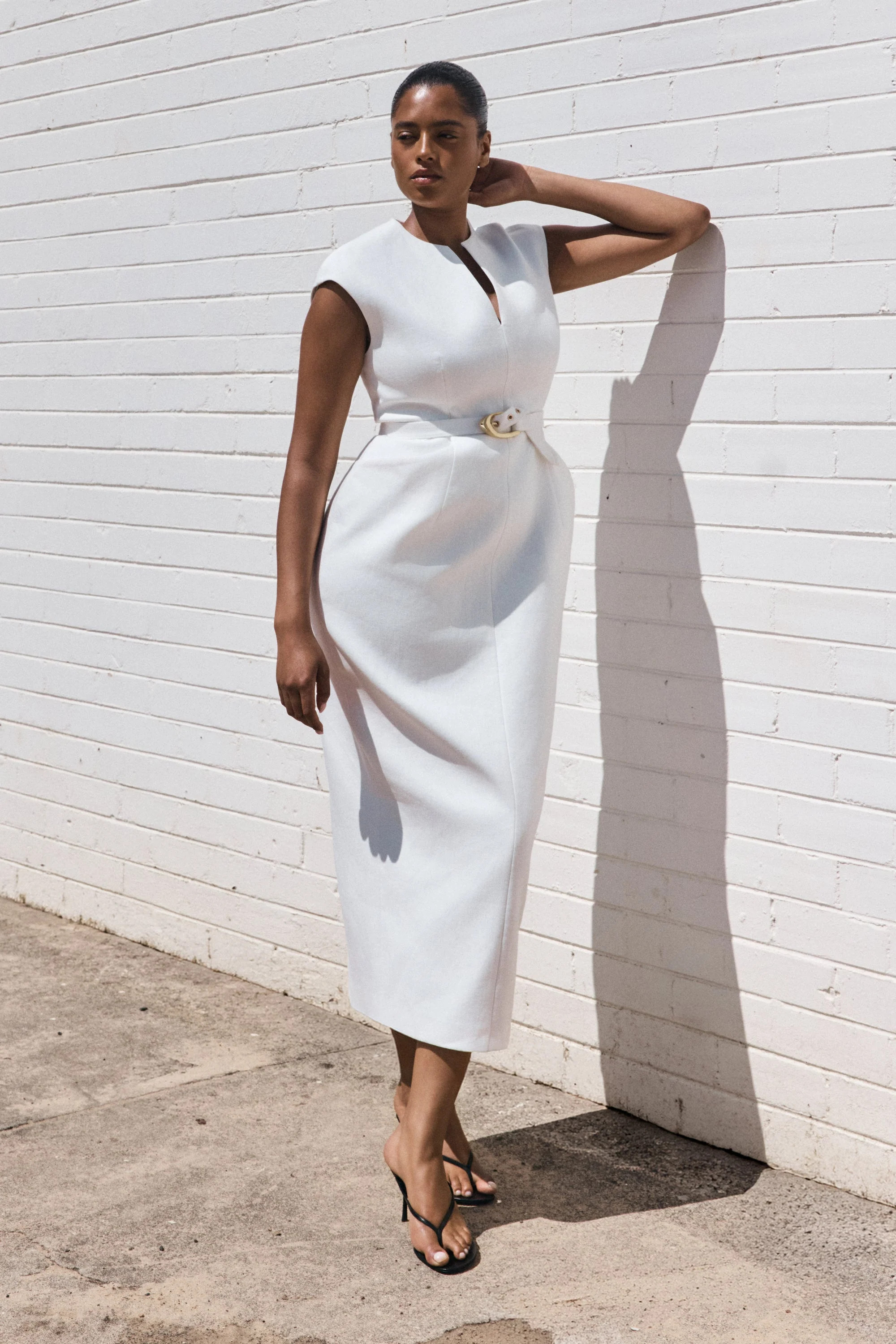 V Neck Linen Maxi Dress - White | MESHKI US