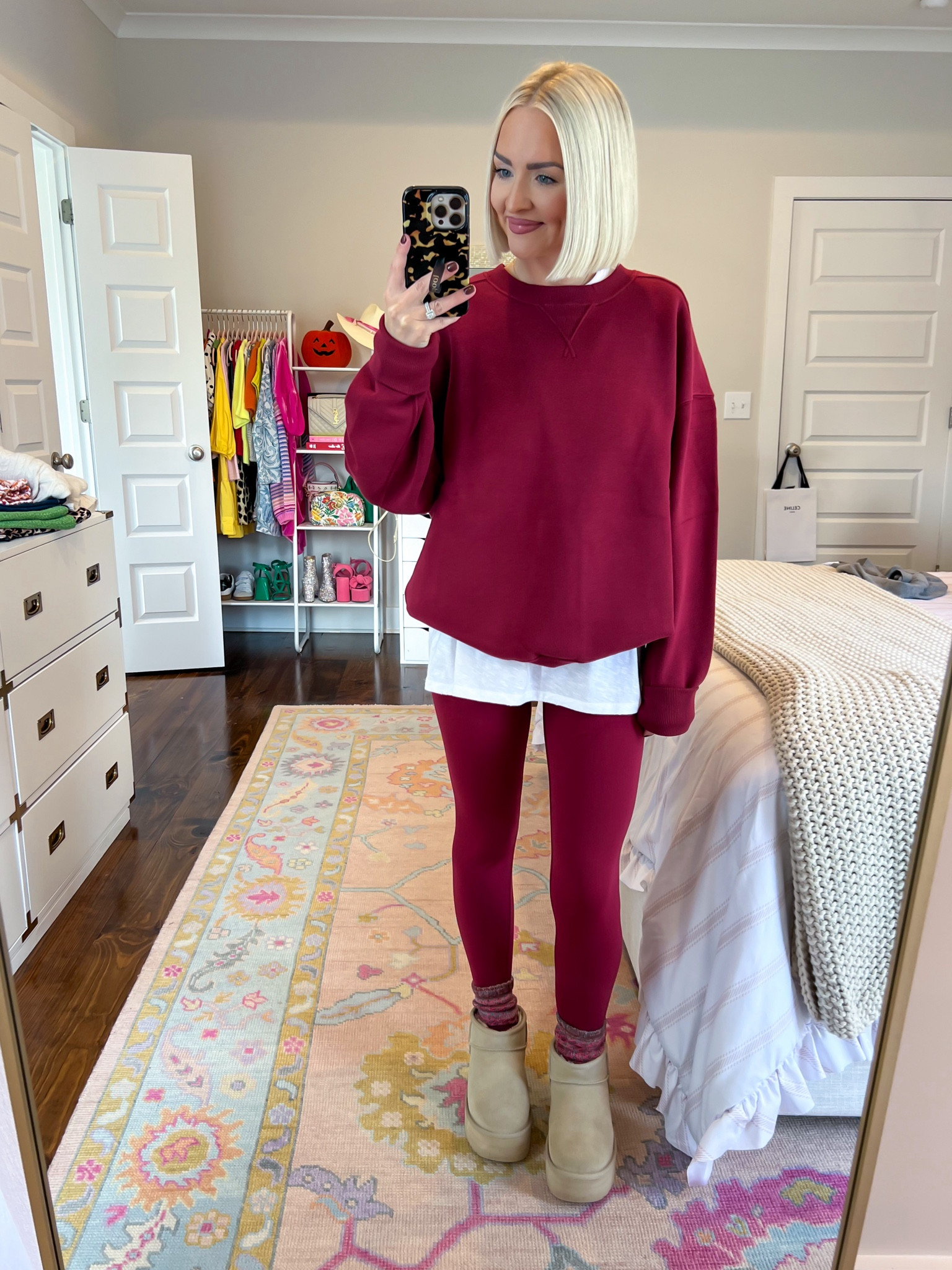 Burgundy Cloud fleece crewneck sweatshirt (XS) / burgundy real me high waisted crossover leggings (SM short) / fall travel outfit 

#LTKActive #LTKTravel #LTKFindsUnder50
