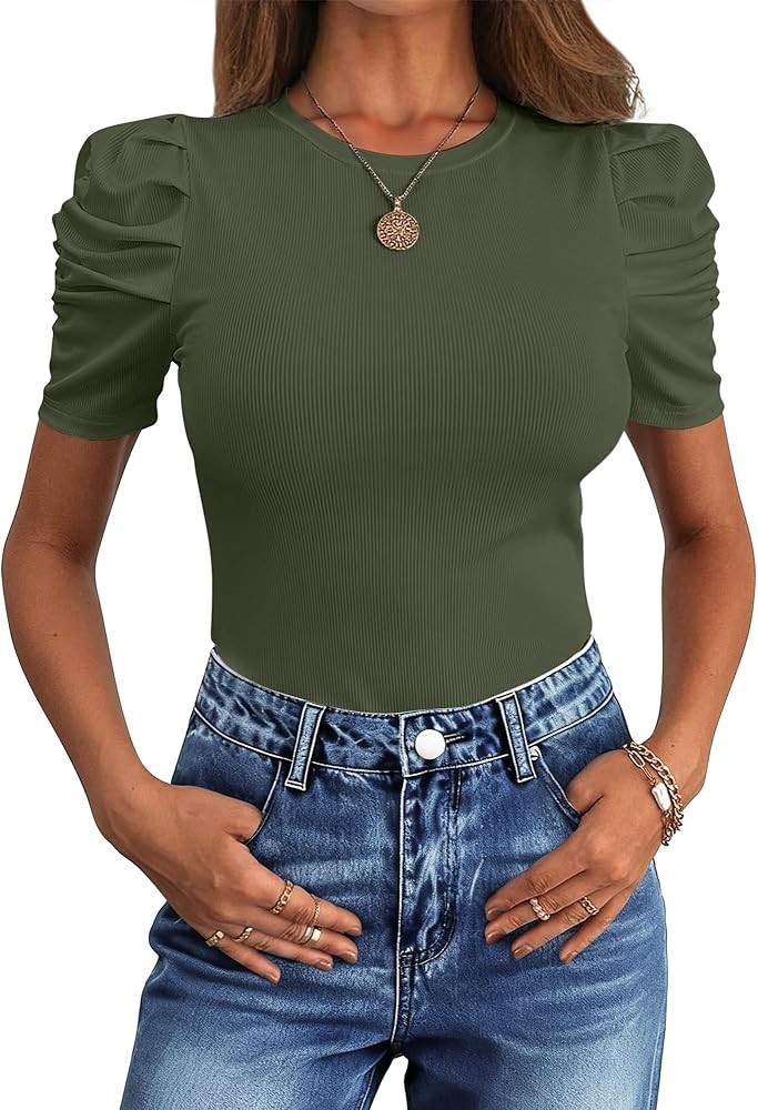 ANRABESS Women Puff Short Sleeve Crewneck Dressy Casual Tops Summer Fitted Ribbed Knit Trendy Wor... | Amazon (US)