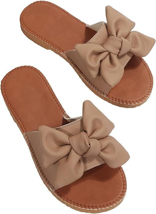 Verdusa Women's Open Toe Flat Sandals Bow Knot Slides Leather Summer Slippers | Amazon (US)