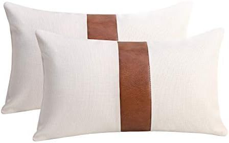 Cygnus Set of 2 White Linen Patchwork Faux Leather Throw Lumbar Pillow Covers for Couch Living Ro... | Amazon (US)