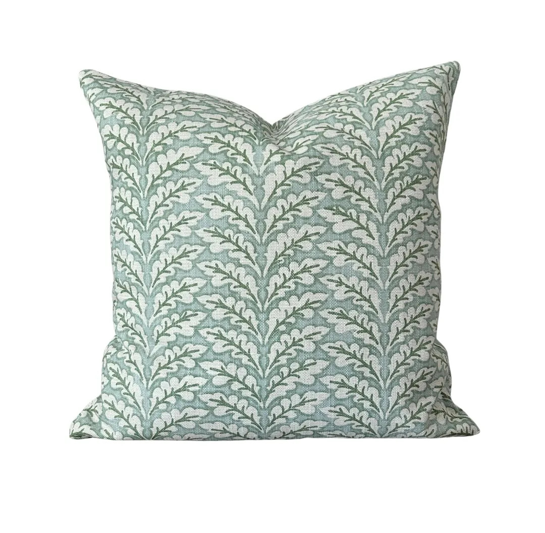 Green Natural Pillow Cover Sage Throw Pillow Block Print Style Linen Blend Textured Spa Blue Toss... | Etsy (US)