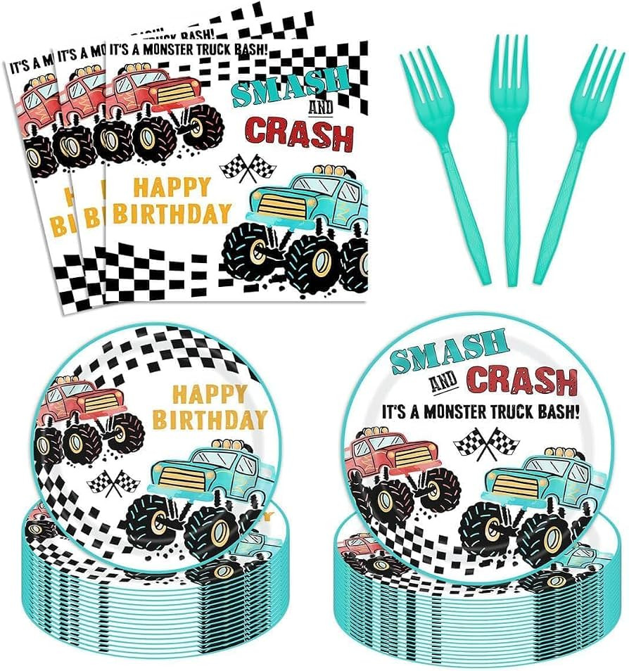 Truck Theme Birthday Party Supplies Tableware - 96 Pcs Monster Machine Plates and Napkins Sets wi... | Amazon (US)