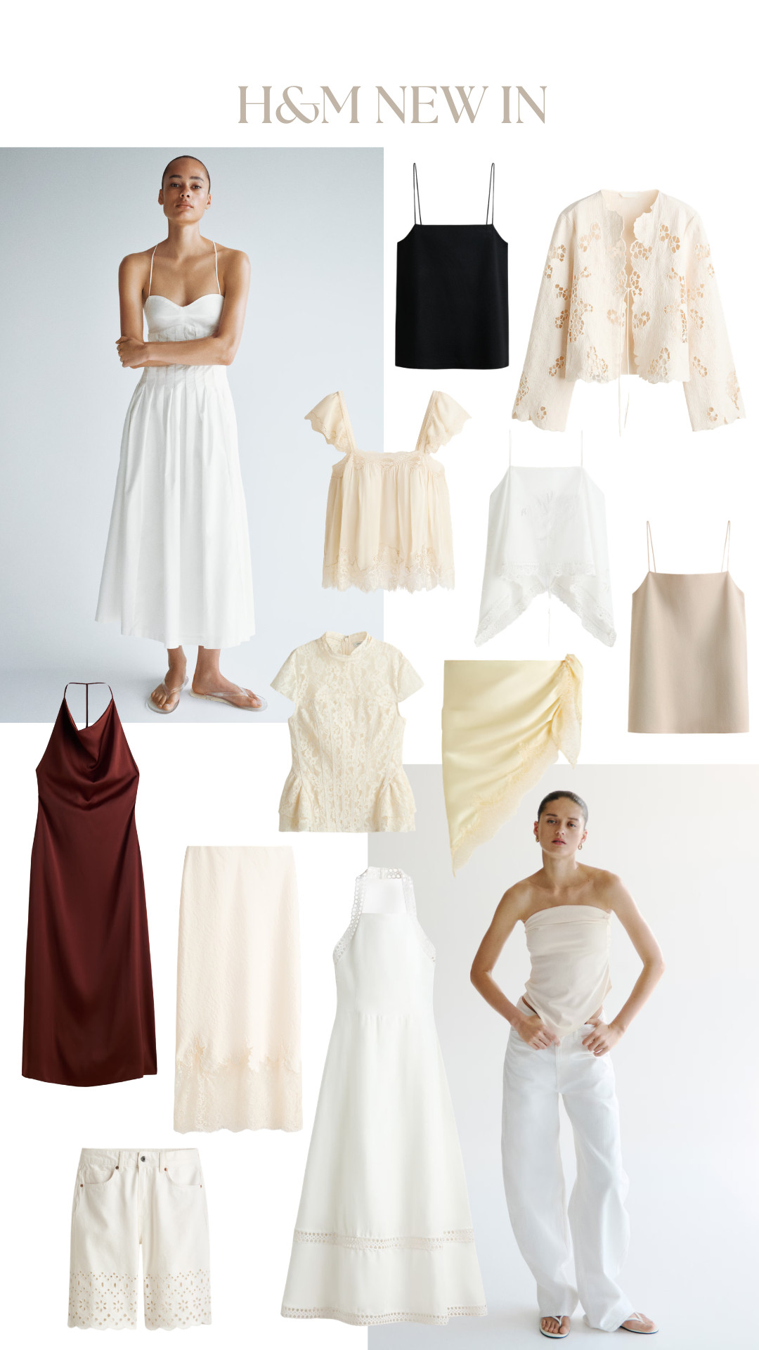 H&M new in, H&M summer fashion, white dress, cream dress, black camisole, lace blouse, lace cami, satin slip dress, white maxi dress, midi dress, eyelet details, embroidered lace, lace trim, cream skirt, white skirt, ruched skirt, asymmetrical hem, peplum top, halter dress, strapless top, white jeans, wide leg jeans, neutral outfit, capsule wardrobe, bridal-inspired fashion, feminine style, romantic fashion, minimal chic, summer outfit ideas

#LTKsummer #LTKeurope #LTKtravel