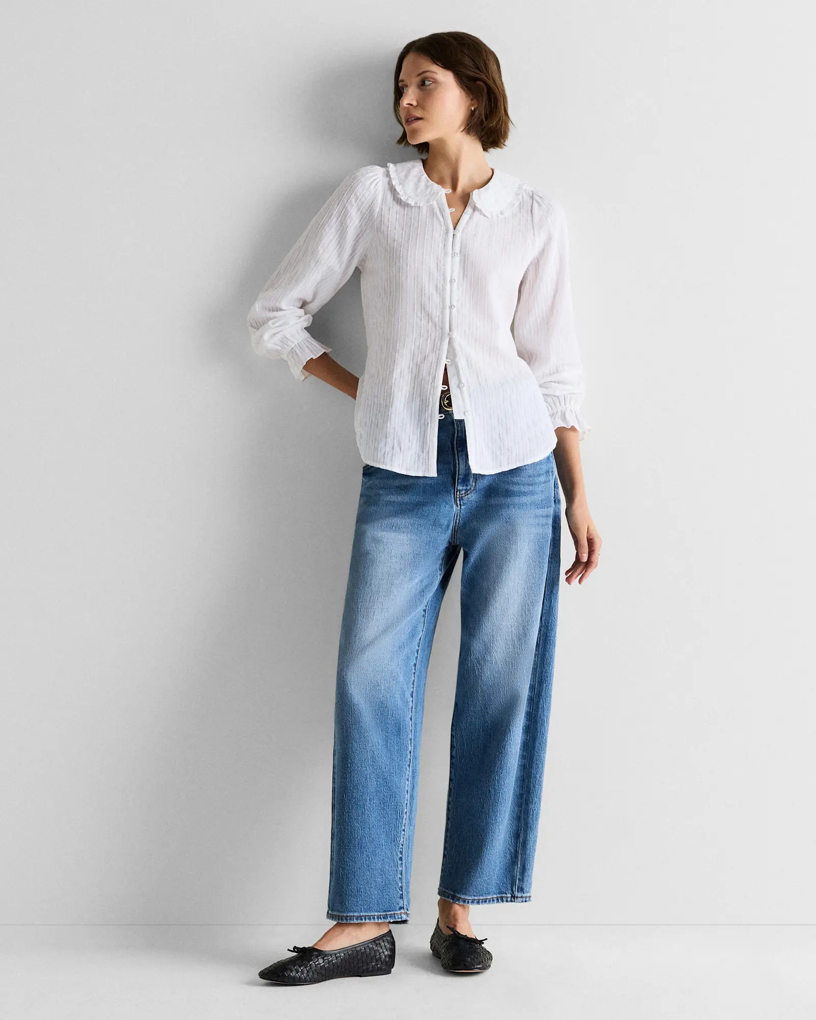 Embroidered Cotton Ruffle Collar Long Sleeve Blouse | Quince