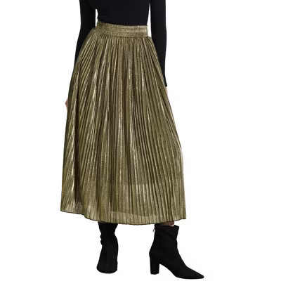INSPIRE CHIC Women's Metallic Shiny Glitter Party High Waist Flared Plaeted Midi Skirt Gold Small | Target