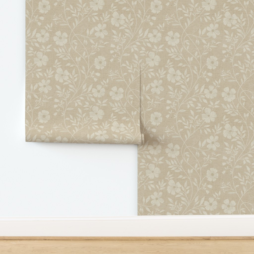 Wallpaper in L Light beige linen vines with cream floral print for cottage farmhouse | Spoonflower