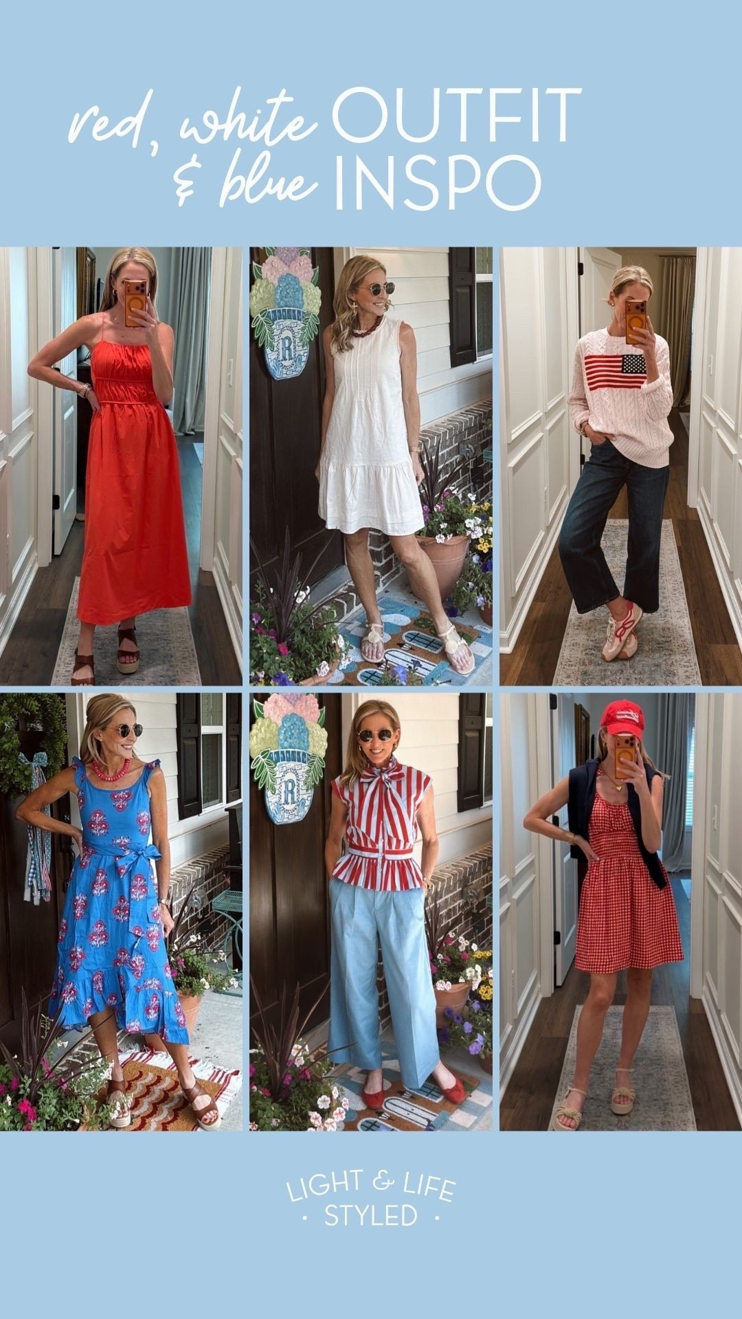 I’ve rounded up a handful of my favorite red, white and blue outfits for the summer. These all look far more expensive than their price tag, but the quality is not lacking. These styles are perfect for all your upcoming Fourth of July plans. I feel comfortable and confident as an (almost) 50 year old mom of college aged kids. 
Red maxi dress, blue print dress, wide leg pants, white mini dress, light pink flat sweater