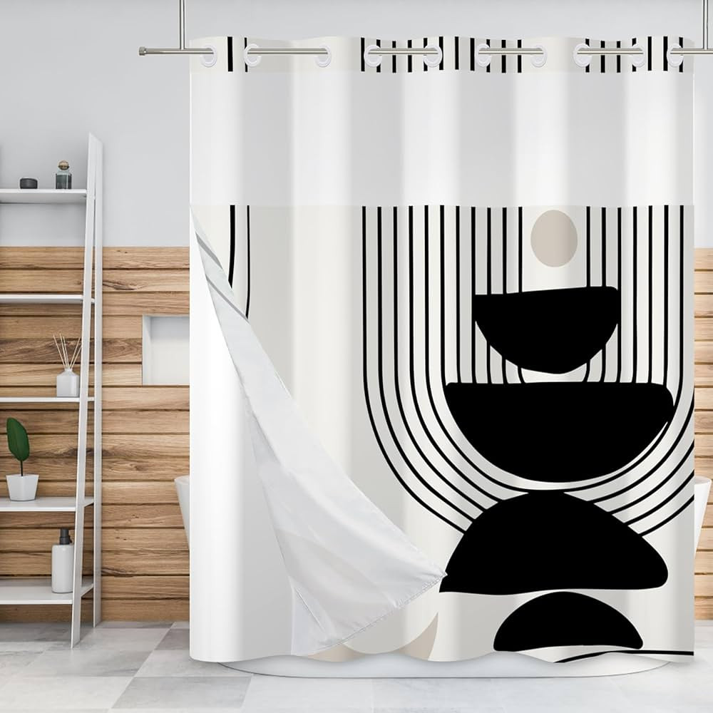 Baocicco Juego de cortina de ducha bohemia sin gancho, color negro y gris, con forro de tela a pr... | Amazon (US)