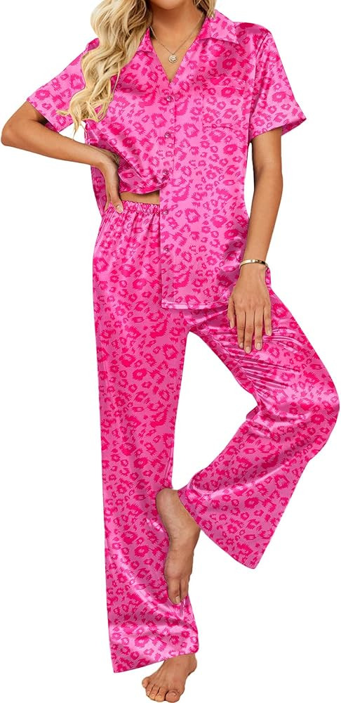Ekouaer Silk Pajamas for Womens Set 2 Piece Satin Pjs Soft Button Down Sleepwear Wide Leg Long Pa... | Amazon (US)