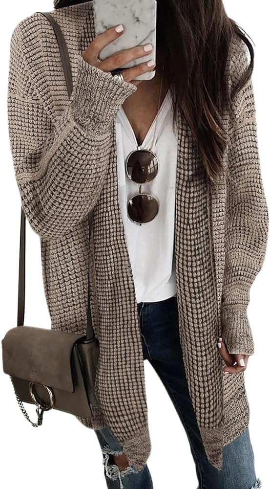 Sidefeel Womens 2024 Fall Long Sleeve Open Front Cardigan Oversized Checkered Chunky Knit Sweater... | Amazon (US)