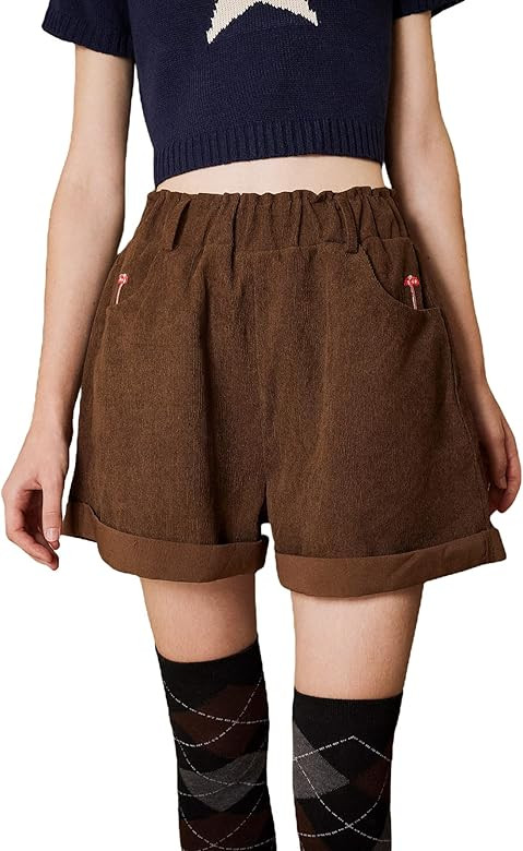 SHENHE Women's High Waisted Mushroom Embroidery Wide Leg Roll Up Hem Loose Shorts | Amazon (US)