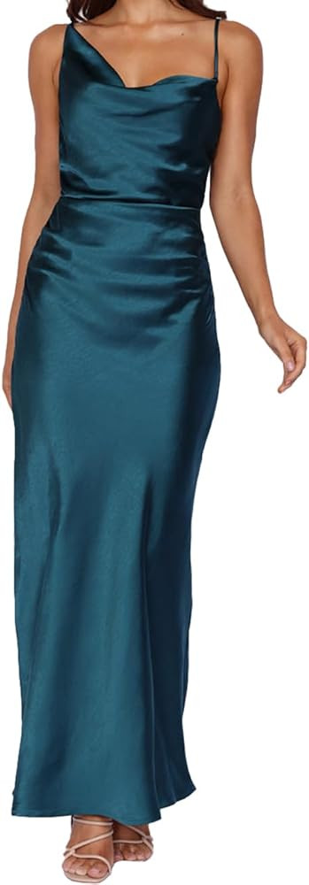 Summer Satin Maxi Dresses for Women 2025 Cowl Neck Ruched Silk Formal Wedding Guest Bridesmaid Sl... | Amazon (US)