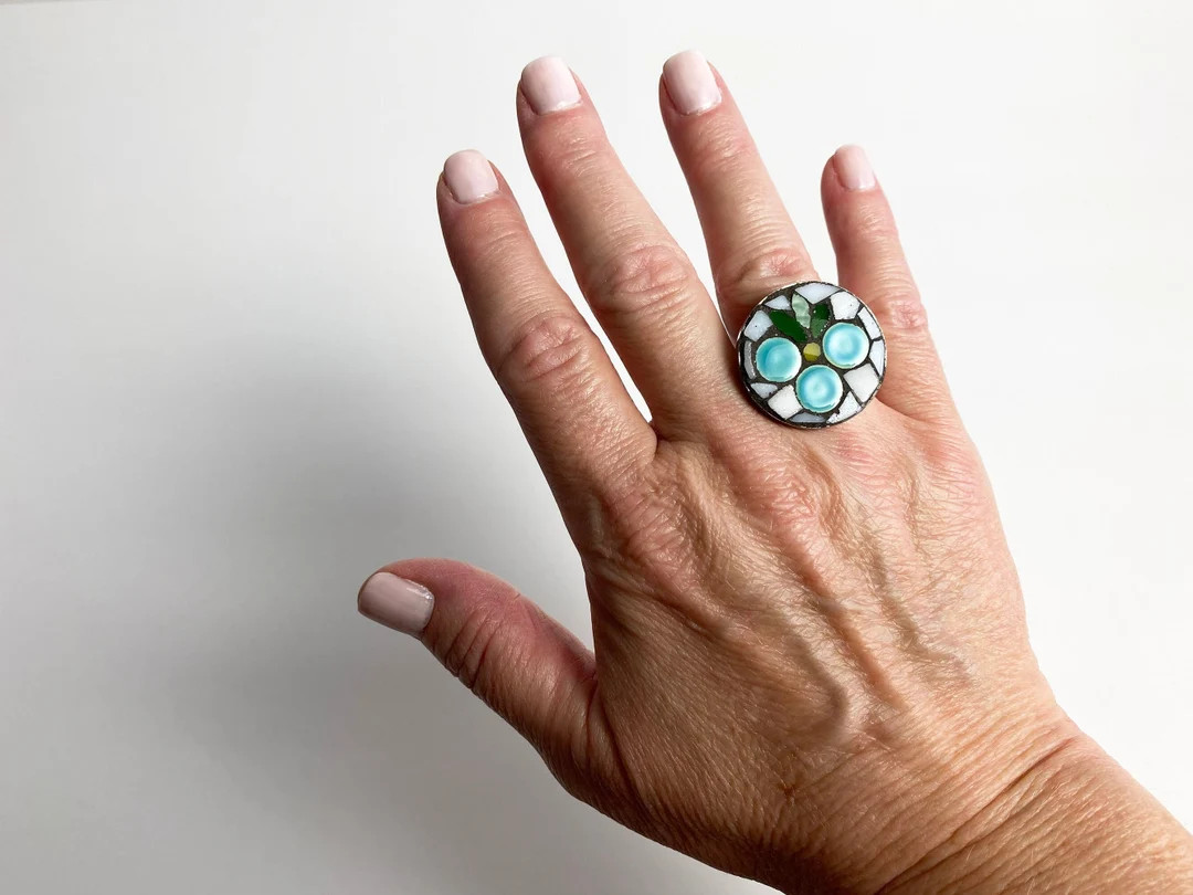 Blueberries Mosaic Ring, Turquoise Ceramic, Stained Glass, Fruit, Coastal Grandmother, Statement ... | Etsy (Global)
