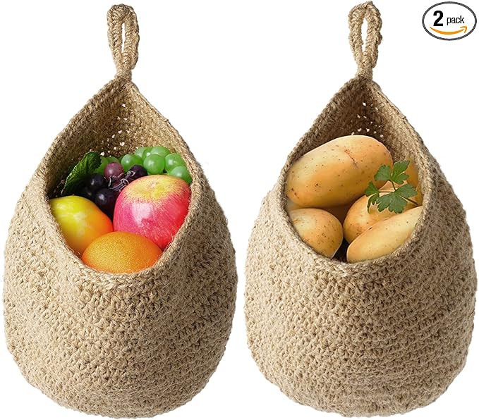 2Pcs Jute Hanging Fruit Baskets, Teardrop Onion Basket for Vegetables, Handmade Jute Wall-Mounted... | Amazon (US)