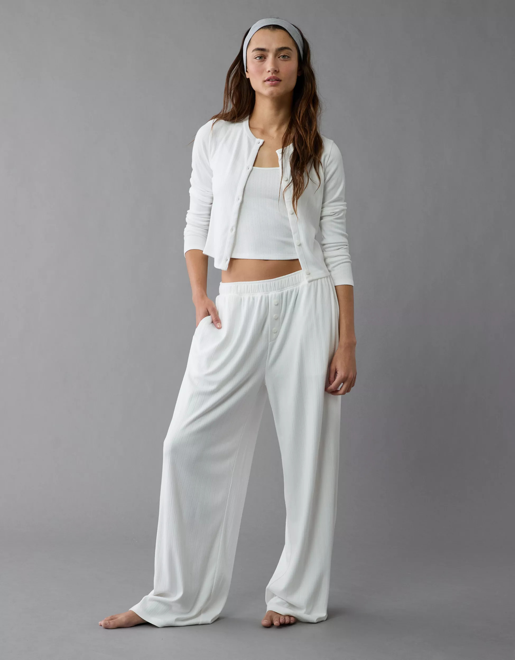 AE 3-Piece Pointelle Plush Cardigan Pajama Set | American Eagle Outfitters (US & CA)