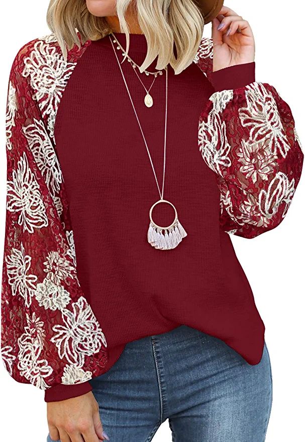 MIHOLL Womens Lace Long Sleeve Tops Floral Print Casual Shirts Blouses | Amazon (US)