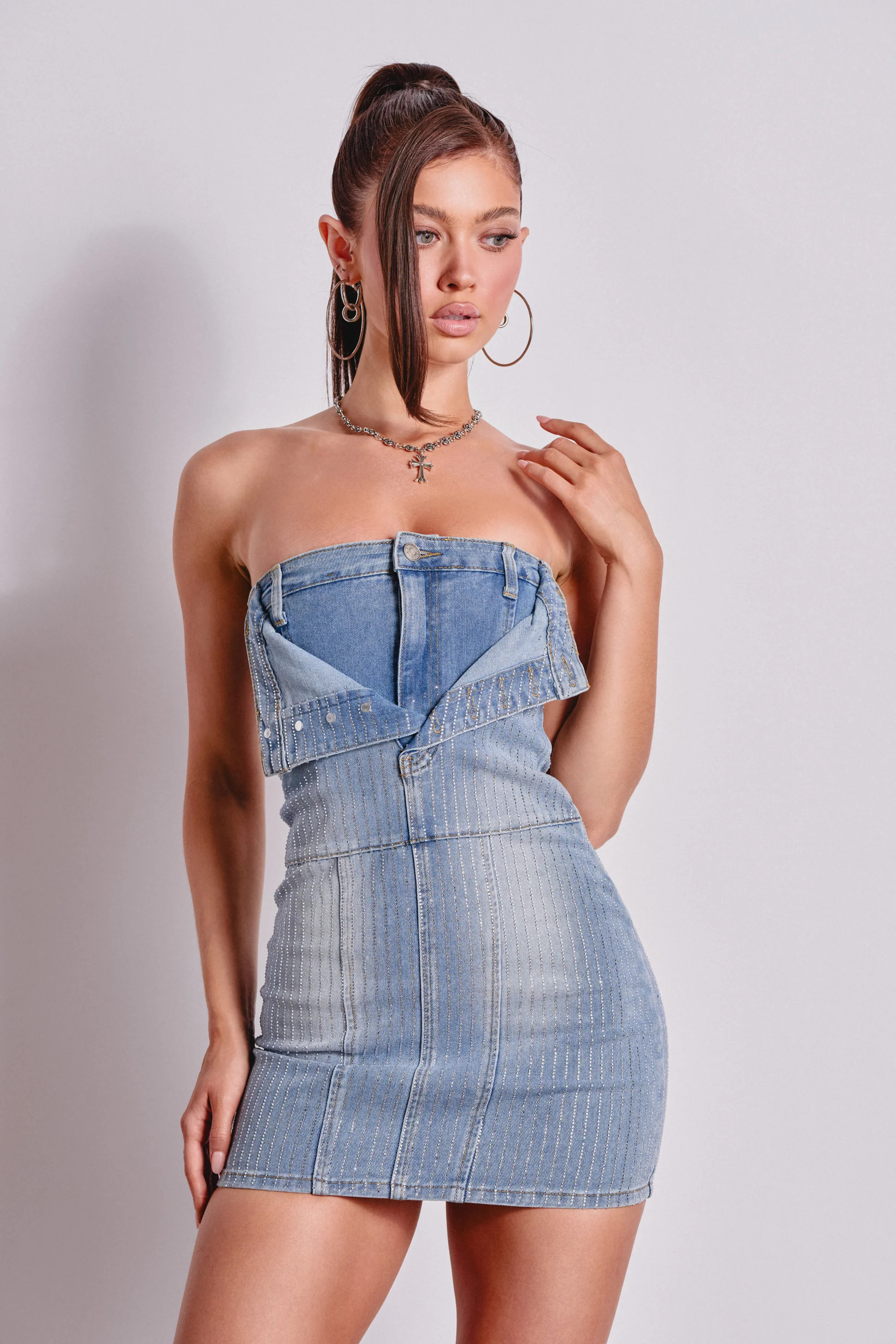 BUTTONED UP BEDAZZLED MINI DENIM DRESS | AKIRA