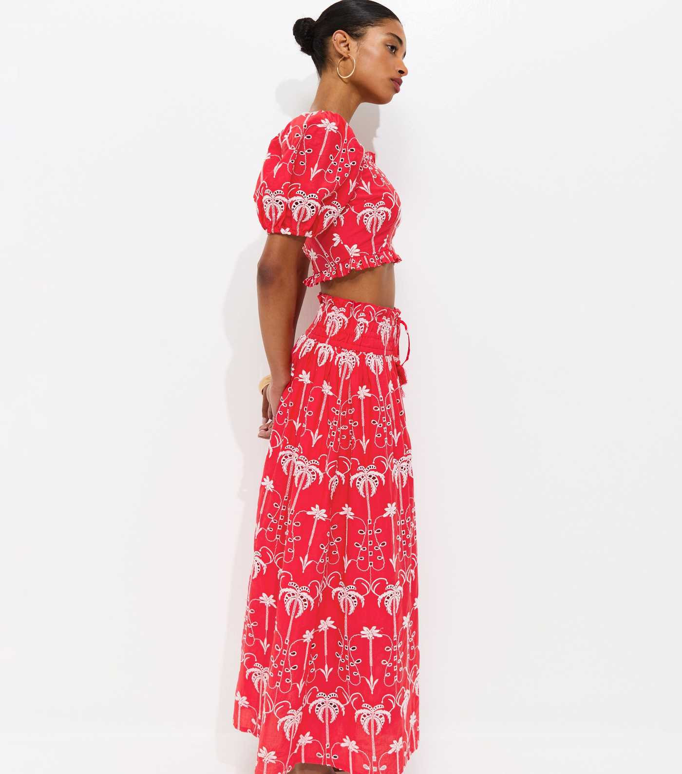 Red Cotton Broderie Palm Tree Scallop Edge Midi Skirt | New Look | New Look (UK)