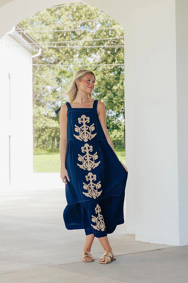 St. Tropez Garden Embroidered Midi Dress in Navy | Impressions Online Boutique