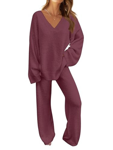 MEROKEETY Women's Lounge Sets 2025 Fall Fashion 2 Piece Outfits Sweater Pajama Set Fuzzy Loungewear Matching Winter Clothes,Marron,L | Amazon (US)