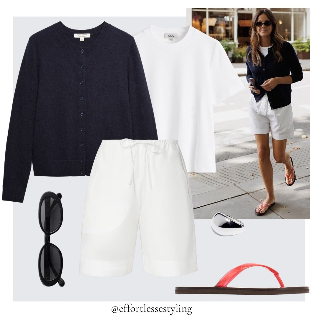Casual Spring shorts outfit. 

 Navy relaxed cashmere cardigan, white clean cut t-shirt, black oval sunglasses, white cotton drawstring shorts, red jelly and leather flip flops, silver dome ring. 

#LTKspring #LTKstyletip #LTKuk