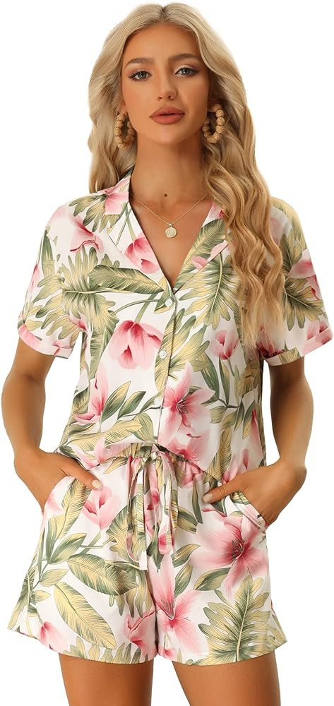 Allegra K Women Hawaiian Sets 2 Pieces Floral Button Down Shirt and Shorts Tropical Vacation Beac... | Amazon (US)