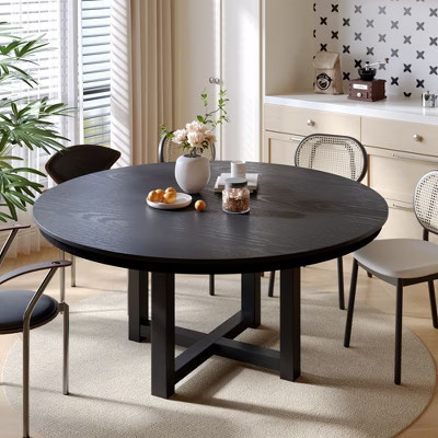 PexFix 59" x 59" Solid Wood Farmhouse Dining Table Round Wood Texture Top with Cross X Base for Modern Dining Rooms & Family Gatherings Black | Target