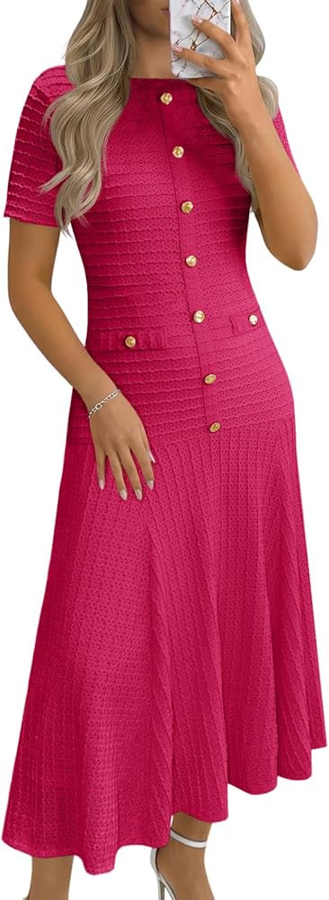 Wenrine Womens Midi Dress Summer Casual Short Sleeve Crewneck Button Decor. Textured Slim Fit A L... | Amazon (US)