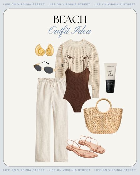 The cutest beach outfit idea for summer with a brown swimsuit, beach sweater, linen pants, strappy leather sandals, a seagrass tote, gold seashell earrings, mineral sunscreen and cute sunglasses! The perfect coastal grandmother outfit for the pool or beach!
.
#ltkswim #ltkover40 #ltktravel #ltkseasonal #ltkfindsunder50 #ltkfindsunder100 #ltkstyletip #ltkitbag #ltkshoecrush #ltksalealert #ltkmidsize

#LTKSwim #LTKOver40 #LTKSeasonal