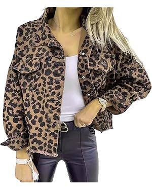Women's Denim Clip Women's Retro Leopard Print Button Jacket Women's Short Length Long Sleeved to... | Amazon (US)