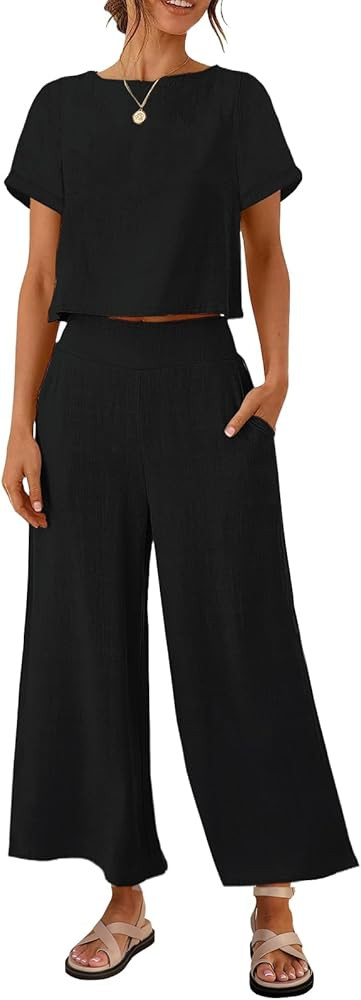 ZESICA Women's 2 Piece Outfits Linen Short Sleeve Crop Top and High Waist Pants Lounge Matching S... | Amazon (US)
