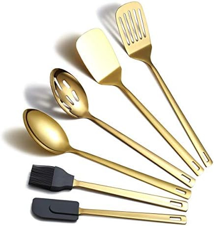 Gold Cooking Spoons, Berglander 6 Pieces Spatula Set Stainless Steel, Metal Spatula, Serving Spoo... | Amazon (UK)